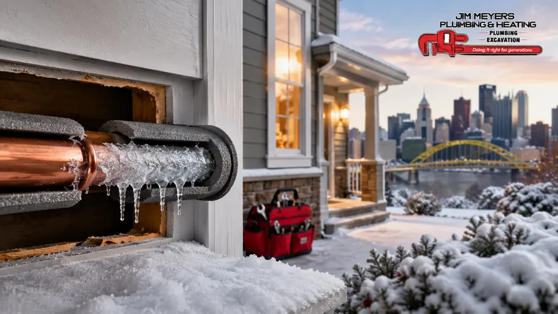 Frozen copper pipe with icicles inside a wall cavity of a snowy Pittsburgh-area home with the city skyline in the background