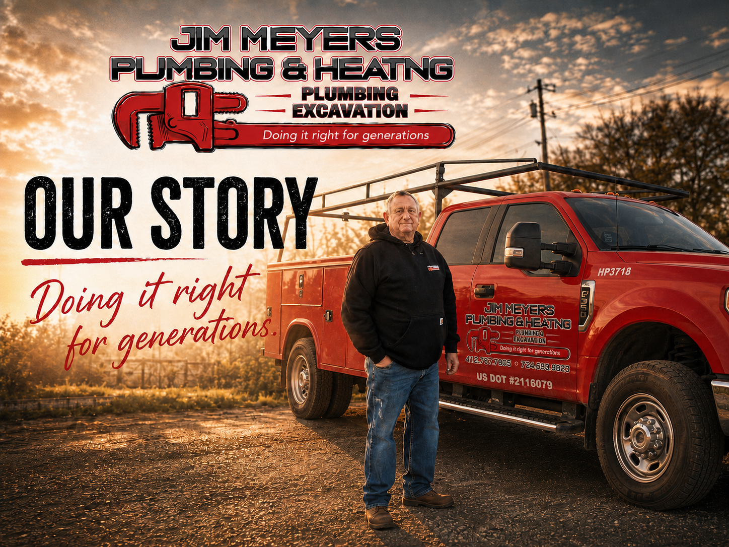 Jim Meyers — Our Story: Doing it right for generations. Owner standing beside a branded service truck.